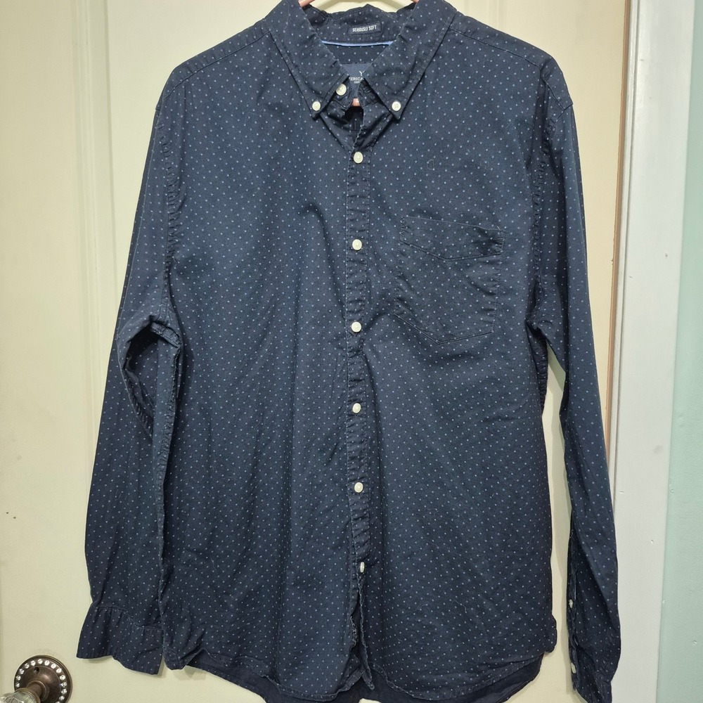 American Eagle Mens XL Seriously Soft Navy Blue Micro Dot Button Down Shirt - Picture 2 of 5